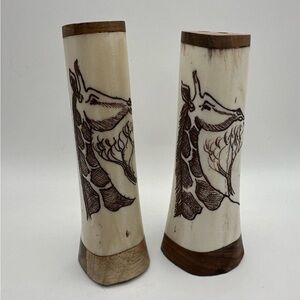 African Handmade Bone & Wood Etched Giraffe Salt Pepper Shakers